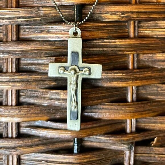 Antique French pectoral cross silver tone inlaid with wood over 100 years old - Picture 3 of 10